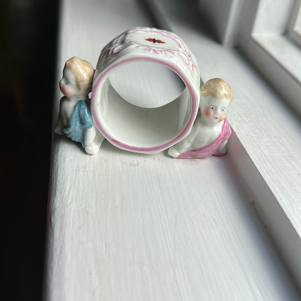 Antique Cherub Boy and Girl Napkin Ring or Birth Baptism Certificate Holder